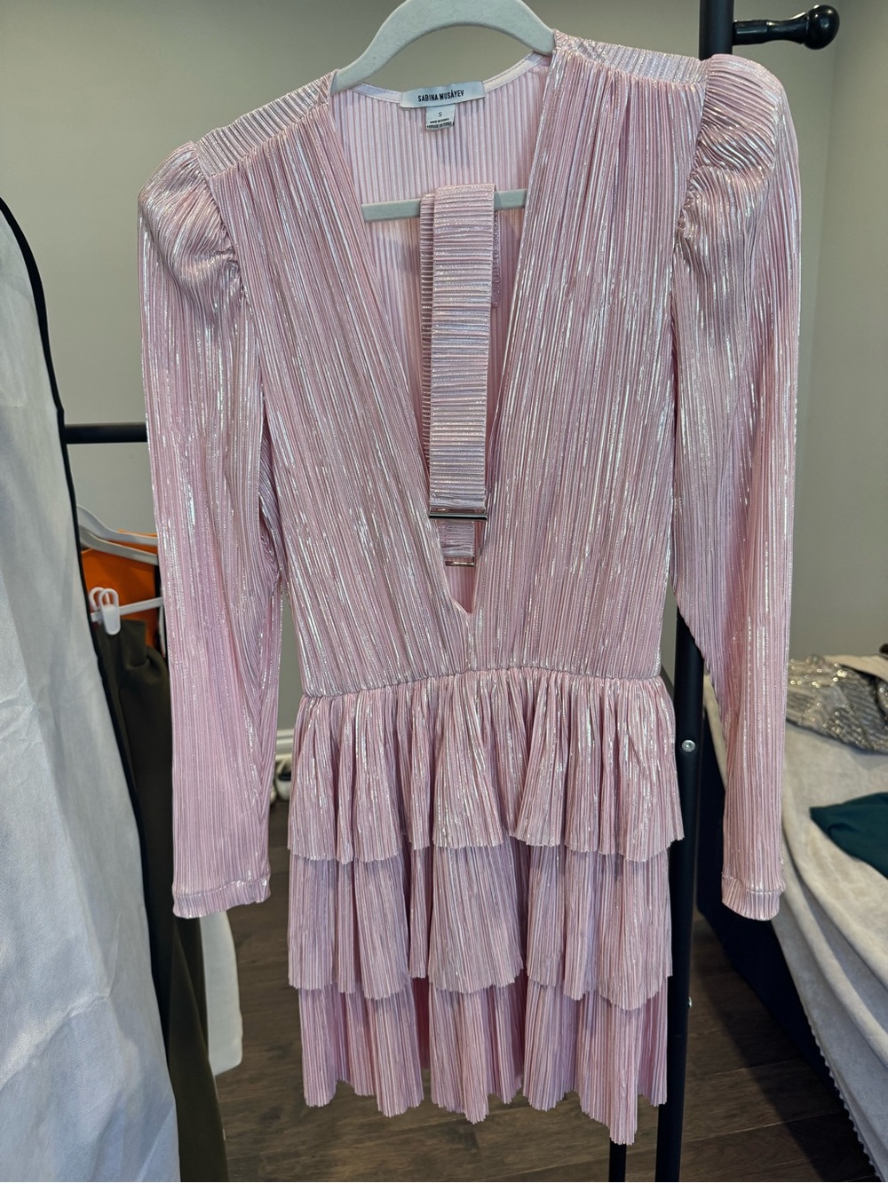 Sabina Musayev Shimmering Pale Pink Pleated Tiered Mini Dress